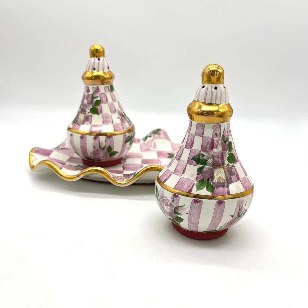 Retired MacKenzie-Childs Rose Petal Salt Pepper‎ Shakers with Tray Pink Floral